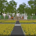 Garden Landscape with Path Lined by Yellow Flower Fields Green Flags Trees and Wooden Fence