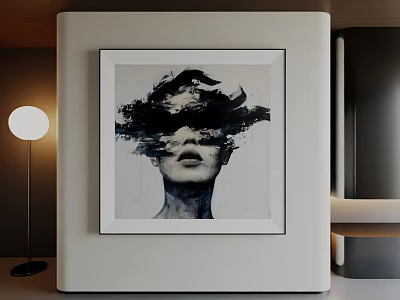 Abstract Painting With Female Face Contour And Black Brushstrokes In White Frame 3d model