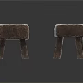 Two Dark Wooden Stools With Textured Surface On White Background 3d model