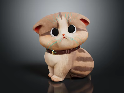 Cute Cartoon Cat Doll Character With Big Eyes Brown Stripes And Collar 3d model