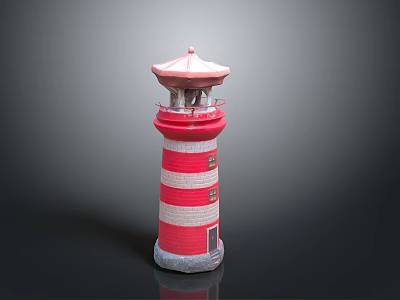 Red And White Striped Lighthouse Model With Top Lantern And Balcony 3d model