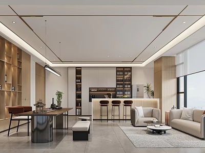 Modern Leisure Area With Beige Sofa Coffee Table Rug And Wooden Shelves By Large Windows 3d model