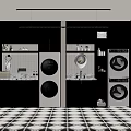 Contemporary Laundry Room Featuring Dark Cabinets Washing Machines Sink Round Mirrors And Patterned Floor