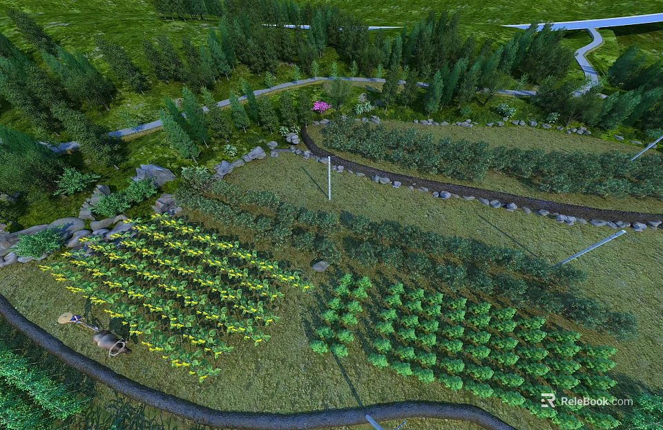 Swing Door Entrance To Countryside Farm With Green Fields And Winding Paths 3d model 