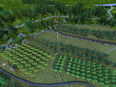 Swing Door Entrance To Countryside Farm With Green Fields And Winding Paths 3d model