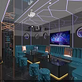 Modern KTV Interior Design With Blue Neon Lights Circular Patterns And Comfortable Seating Areas 3d model