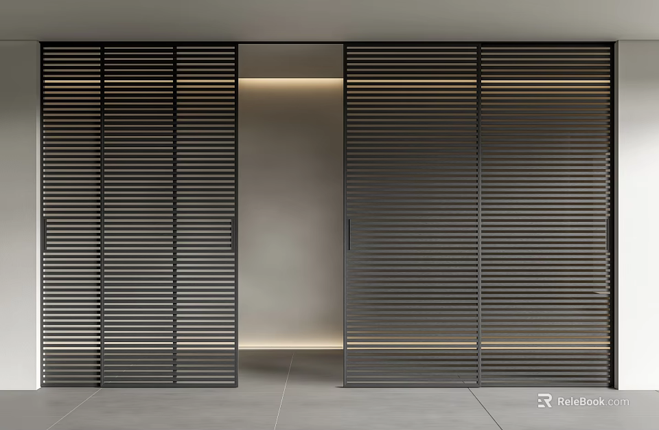 Modern Dark Colored Sliding Doors With Louvered Structure In Open Interior Space 3d model 