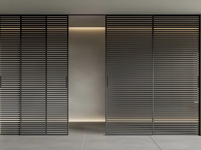 Modern Dark Colored Sliding Doors With Louvered Structure In Open Interior Space 3d model
