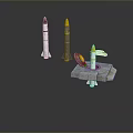 Three Military Rockets With Yellow Tips Displayed On Launch Pad And Stands