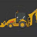 Yellow Wheeled Backhoe Loader With Front Bucket Rear Arm And Operator Cab