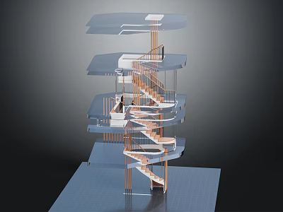 Spiral Architectural Structure Featuring Multi Level Platforms And Wooden Spiral Staircase 3d model