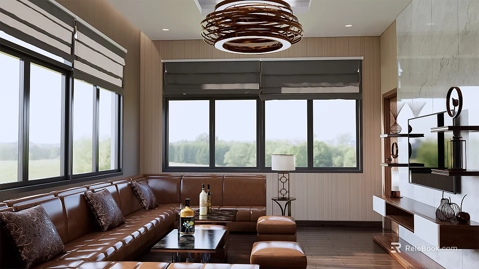 Modern Living Room Interior With Leather Sofa Coffee Table And Chandelier 3d model 