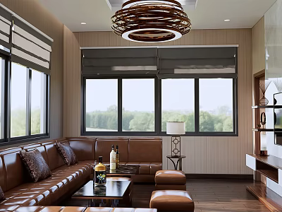 Modern Living Room Interior With Leather Sofa Coffee Table And Chandelier 3d model