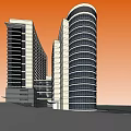 Modern High Rise Buildings With Glass Facade And Orange Sky Background