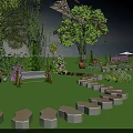 Natural Garden Landscape With Green Lawn Stone Pathway Bench Various Plants Trees And Flower Beds