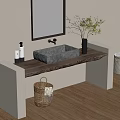Minimalist Bathroom Vanity With Stone Sink Wooden Countertop Mirror Plant And Wicker Basket
