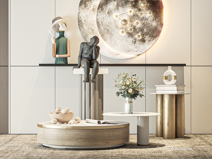 Modern Interior With Round Coffee Table Vase Sculptures And Moon Decor 3d model 