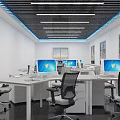 Bright Modern Public Office Space With Desks Computer Monitors Office Chairs And Linear Ceiling Lights 3d model