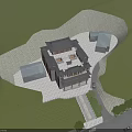 Ancient Architecture With Traditional Roof Courtyard Surrounded By Grassland Trees And Road