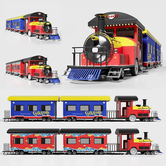 Colorful Vintage Style Toy Train With Red Blue Yellow Carriages And Multiple Sections 3d model 