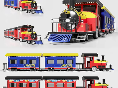 Colorful Vintage Style Toy Train With Red Blue Yellow Carriages And Multiple Sections 3d model