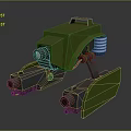 Green Mechanical Creature With Yellow Light Spring Black Cannons On Body And Legs
