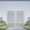 Modern High rise Residential Building Exterior With Green Lawns Trees And Clear Blue Sky