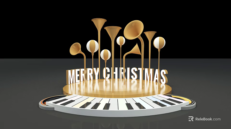 Festive Christmas Decor with Golden Trumpets Spherical Ornaments Merry Christmas Lettering on Piano Keyboard Base 3d model 