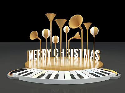 Festive Christmas Decor with Golden Trumpets Spherical Ornaments Merry Christmas Lettering on Piano Keyboard Base 3d model
