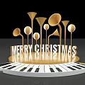 Festive Christmas Decor with Golden Trumpets Spherical Ornaments Merry Christmas Lettering on Piano Keyboard Base