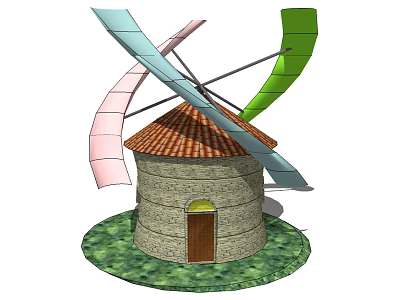 Traditional Windmill Architectural Components With Red Tiled Roof Colorful Blades Stone Structure And Wooden Door 3d model