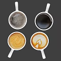 Four White Coffee Cups With Latte Art Milk Foam And Black Coffee