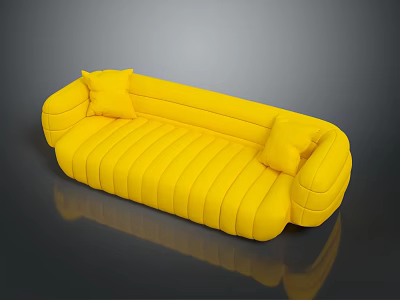Modern Yellow Sofa With Striped Design And Two Cushions On Reflective Floor 3d model