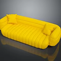 Modern Yellow Sofa With Striped Design And Two Cushions On Reflective Floor