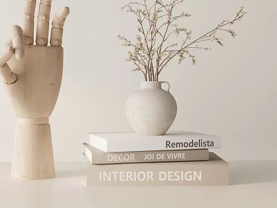 Ornamental Decor Collection Featuring Wooden Hand Model White Vase Dried Flowers And Design Book Stack 3d model