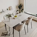 Modern Minimalist Dining Table Set With Light Grey Chairs Marble Top And Green Plants