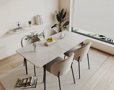 Modern Minimalist Dining Table Set With Light Grey Chairs Marble Top And Green Plants 3d model