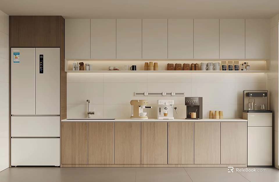 Modern Pantry With White And Wooden Cabinets Upper Shelves Cups Jars Coffee Machine And Refrigerator 3d model 
