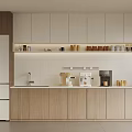 Modern Pantry With White And Wooden Cabinets Upper Shelves Cups Jars Coffee Machine And Refrigerator