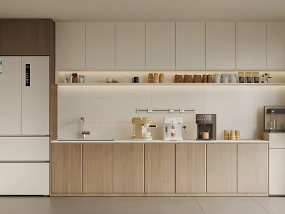 Modern Pantry With White And Wooden Cabinets Upper Shelves Cups Jars Coffee Machine And Refrigerator 3d model