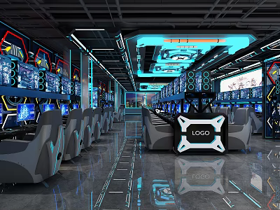 Modern Internet Cafe Interior With Multiple Computers Comfortable Seats And Futuristic Neon Decor 3d model