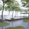 Modern Garden Wall Design With Trees Lawn Seating And Pavilion Area 3d model