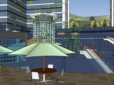 Modern Building Outdoor Area With Green Umbrella Tables Chairs Glass Facade And Plants 3d model