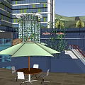 Modern Building Outdoor Area With Green Umbrella Tables Chairs Glass Facade And Plants