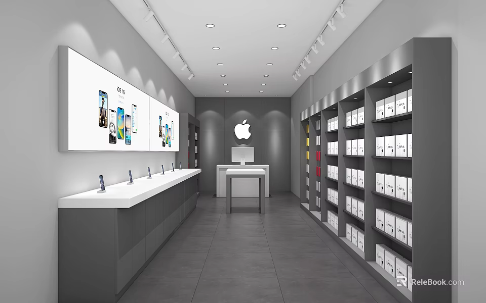 Modern Digital Store Interior With Smartphone Display Apple Logo Shelves And Electronics Products 3d model 