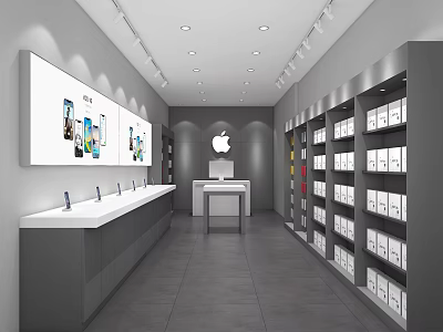Modern Digital Store Interior With Smartphone Display Apple Logo Shelves And Electronics Products 3d model