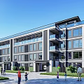 Modern Multistorey Townhouse Exterior Design With Green Lawn And People Activities