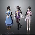 Three Anime Female Characters With Mythical Creature Horns In Blue Purple Pink Costumes