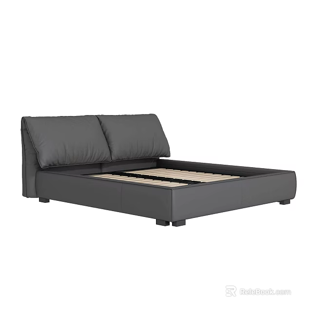 Gray Leather Double Bed With Modern Headboard Cushions And Wooden Slats 3d model 