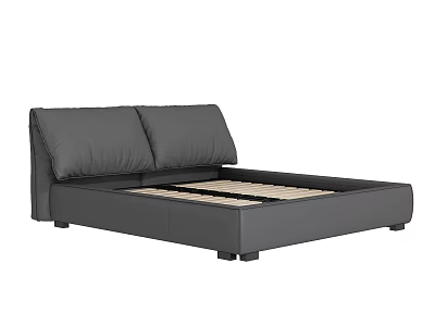 Gray Leather Double Bed With Modern Headboard Cushions And Wooden Slats 3d model